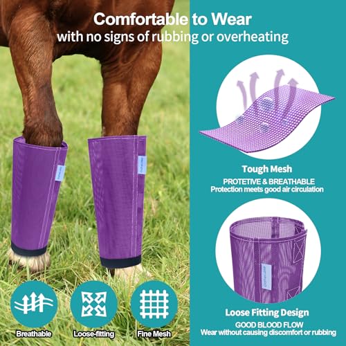 Image of Mesh Horse Fly Boots Set of 4, Loose Fitting Leggings for Horses, Reduce Stressful Stomping, Breathable Adjustable and Universal Fit for 4 Legs, Reliable Stay Put (Purple)