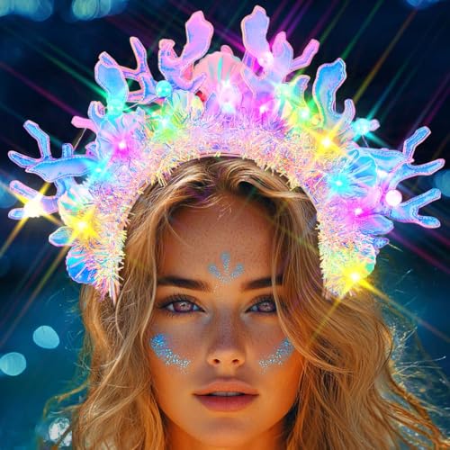 Handcess Serre-tête lumineux en forme de sirène avec LED - Corail - Accessoire de cheveux pour femme