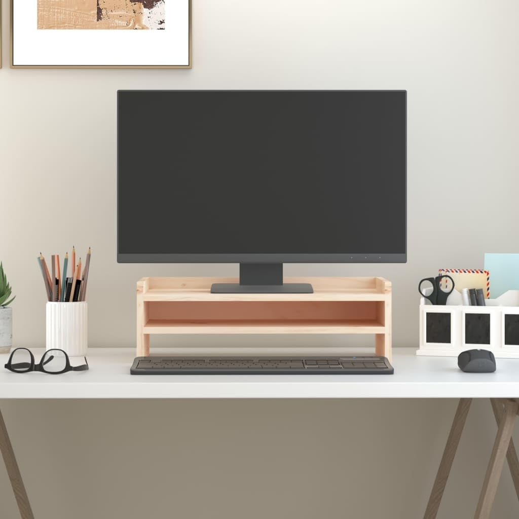 Supporto per monitor in legno di pino massiccio, 50 x 24 x 16 cm, rialzo ergonomico per PC, laptop, tablet, organizer da scrivania salvaspazio per ufficio e home office