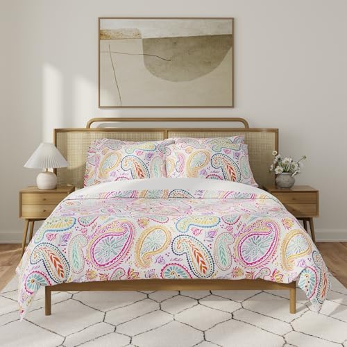 Image of QuickZip Duvet Cover with Zipper Closure - Ultra Soft Long-Staple 100% Cotton, Oeko-Tex Certified, Durable Interior Corner Ties, Corner Clips, Full /Queen, Reversible Paisley /White (Sateen)