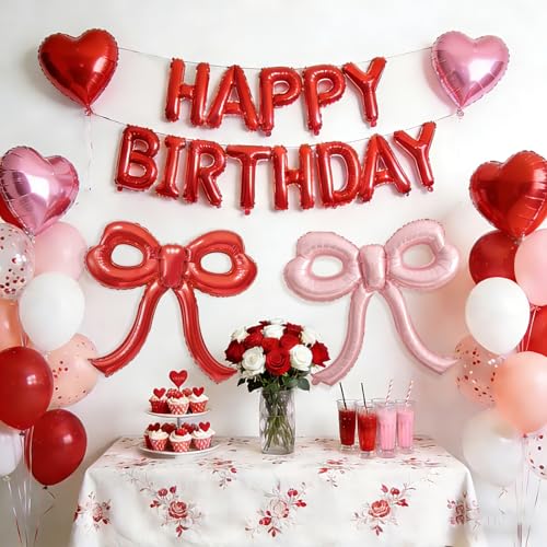 Image of 4 Pcs Red and Pink Bow Balloons Bow Party Decorations for Girl Women Pink Bow Birthday Decorations for Baby Shower Engagement Wedding Christmas Decor Bachelorette Party Supplies