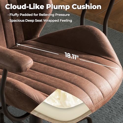 Image of ovios Ergonomic Office Chair, Mid Back Faux Leather Executive Chairs with Armrests, Comfy Mid-Century Modern Swivel Rolling Computer Armchair (Dark Brown, Suede Leather)
