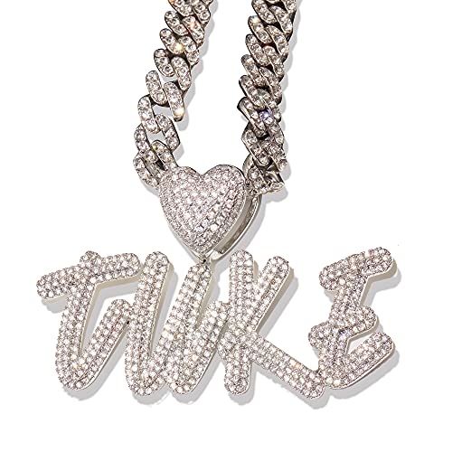 Hip Hop Custom Heart Bail Cursive Name Necklace with Cuban Or Tennis Chain Iced Out Bubble Letter Pendant Simulated Diamond Initials Chain Gifts for Her