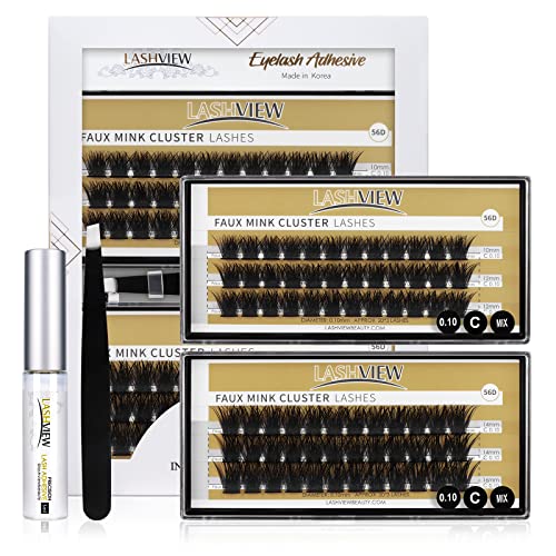 LASHVIEW DIY Eyelash Extension Kit, Individual Cluster Lashes Soft and Lightweight, 0.10mm 56D 10-16mm Mixed Reusable Wide Band Lash Cluster at Home