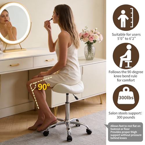 Image of FIRAVOE Saddle Stool, Swivel Saddle Stool with Wheels, Adjustable Rolling Stool 18 inch-26 inch, Faux Leather Rolling Stool for Salon, Massage, Clinic, Lab, Office, White, 1PCS