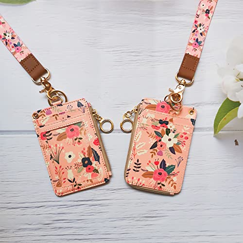 bolimoss Lanyard with Wallet,Zip ID Case with Lanyard,Lanyard Badge Holder,Lanyard Wallet for Women,Fashion Lanyard Wallet, ID Case Wallet with Lanyard（Pink Floral）3