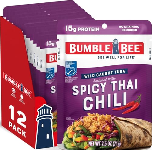Bumble Bee Spicy Thai Chili Seasoned Tuna Pouch, 2.5 oz (Pack of 12) | Wild Caught Tuna, Ready to Eat, 15g Protein per Packet, Gluten Free - PERFECT, PORTABLE, GOODNESS