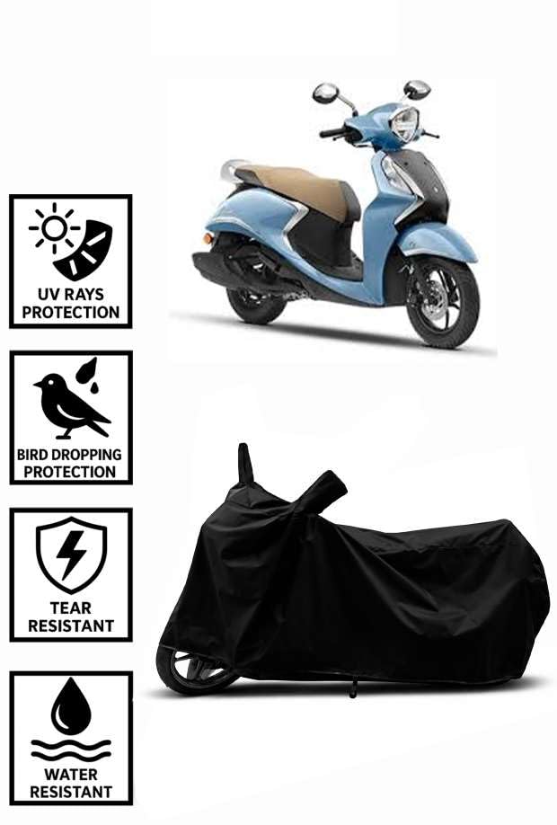 Image of Sheild Heavy Duty Waterproof Scooty & Bike Cover for Yamaha Fascino - UV Resistant, Dustproof & Rain Protection, All-Weather Outdoor Cover for Bikes & Scooty with Buckle Straps(Black)