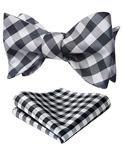 HISDERN Bow Ties for Men Check Plaid Bowtie Black and White Classic Formal Satin Self Tied Bow Ties and Pocket Square Set Tuxedo Wedding Party HISDERN Bow Ties for Men Check Plaid Bowtie Black and White Classic Formal Satin Self Tied Bow Ties and Pocket Square Set Tuxedo Wedding Party