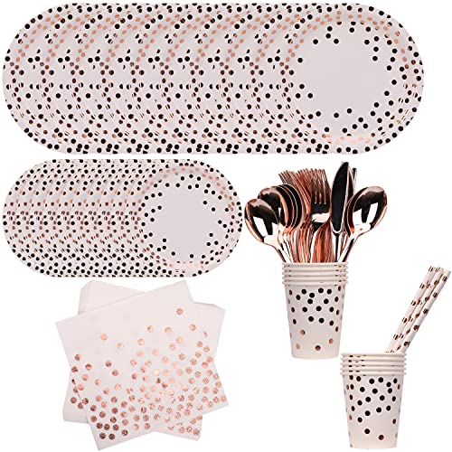 Trimming Shop Service de vaisselle jetable à pois en or rose 80 pièces - Assiettes Serviettes Tasses Fourchettes Cuillères pour Baby Shower Fête d'anniversaire Confettis en or rose à pois blancs