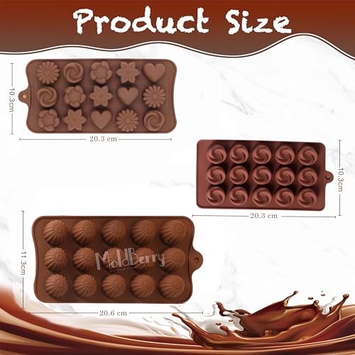 Image of MoldBerry Silicone Chocolate Mould Combo Set of 3 | Flower, Rose & Bon-Bon Shape Candy Molds | Flexible Non-Stick Jelly & Candy Making Tray for Home Bakers & Professionals |