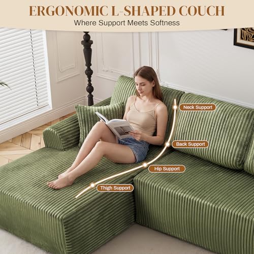 Image of 110 inch L Shaped Boneless Sectional Couches for Living Room, Comfy Corduroy Floor Cloud Sofa with Chaise, Wide Armrest, Deep Seat, Memory Foam, Assembly Free, Ideal for Small Spaces, Green
