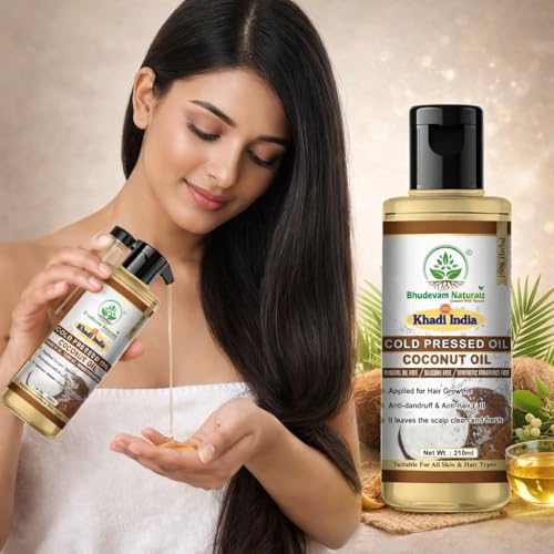 Image of Bhudevam Naturals Khadi Cold Pressed Pure Coconut Oil For Skin & Hair | Helps to Prevents Hairfall | Moisturizing and Nourishing For All Hair And Skin Types (210ml)