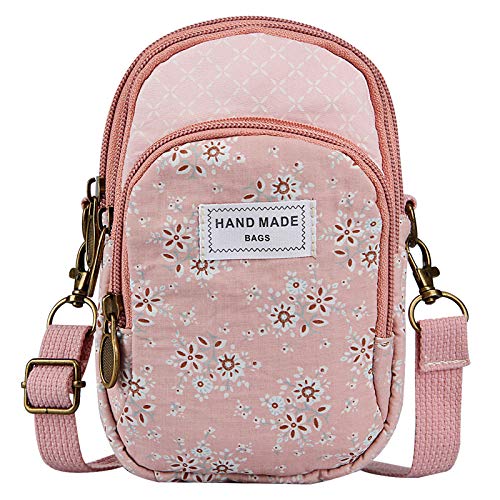 Small Cell Phone Purse, Techcircle Canvas Floral Crossbody Bag Zip Pouch Wallet for iPhone, Galaxy Z Flip Z Fold, OnePlus Nord, AirPods, Pink