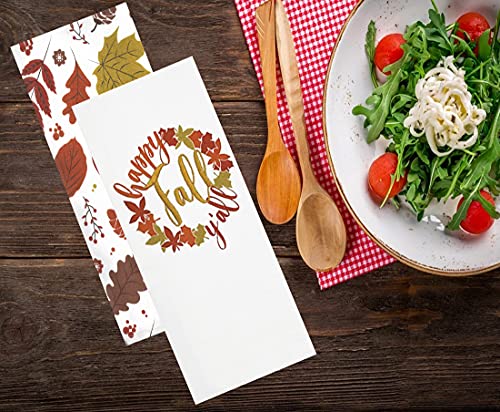Mainstream Fall Kitchen Towels, Set Of 2, Happy Fall Y All With Tossed Leaf Acorn Print Cotton Dual-Sided Terry Dishtowels Drying Cloth 16*26 Inches White, Rust, Gold, Tan, Brown #TOP4