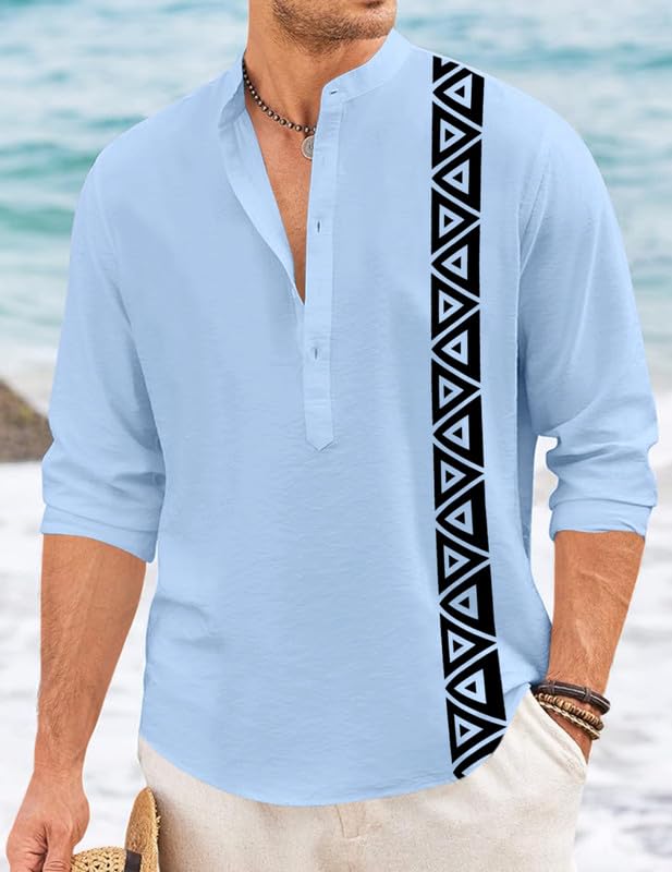 Image of FINIVO FASHION Men's Short Kurta with Printed Geometric Side Panel | Cotton Blend Full Sleeve Ethnic Topwear with Mandarin Collar | Stylish Indo-Fusion Kurta for Daily, Festive, or Casual Wear