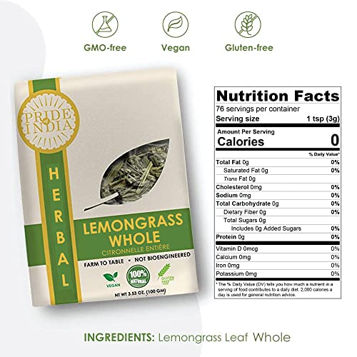 Pride Of India - Natural Dry Indian Lemongrass Herb, 3.53oz (100gm) Full Leaf - Certified and Authentic Indian Herb - Perfect for Cooking, Soups, Salads, Marinades 50+ Servings