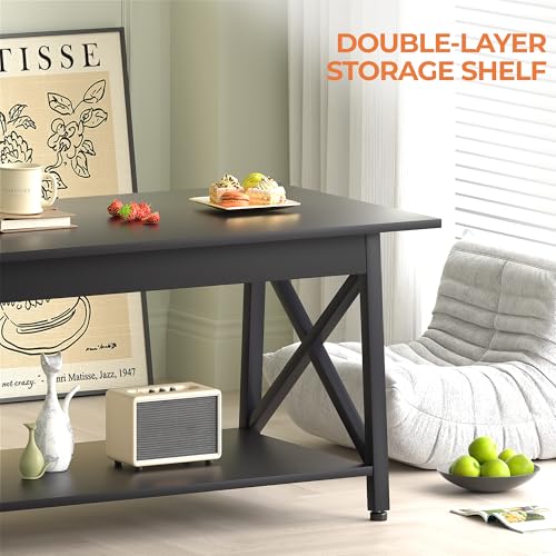Image of GreenForest Coffee Table with Storage, 43 inch Large Modern Coffee Tables for Living Room, X-Frame Design Farmhouse Coffee Table Space Saving Living Room Tables, Easy Assembly, Black