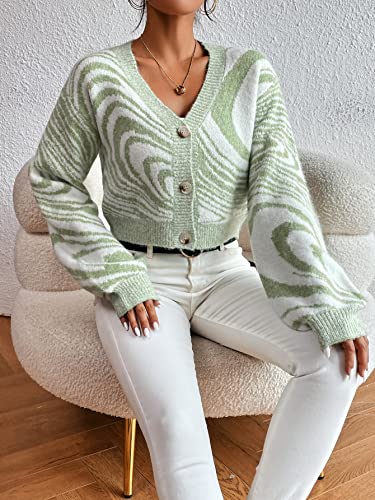 Makemechic Women's Zebra Striped Long Sleeve Button Down Cropped Cardigan Sweater Green M #TOP4
