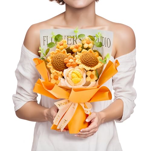 Lizzton Crochet Flower Bouquet Valentine's Day Gift for Wife Mother Girlfriend Women, Handmade Artificial Flowers Knitted Sunflower for Thanksgiving,Birthday Anniversary Present Home Decor Family