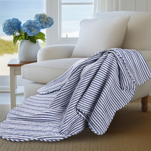 Levtex Home Martha Stripe Navy Quilted Reversible Throw (50x60in) - Stripe Bedding - Navy, White - Cotton Throw - Scalloped Edge