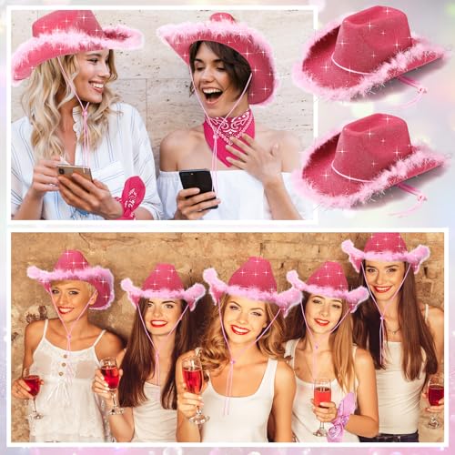 Image of Coume 12 Pcs Sparkly Adults Cowboy Hat and Bandanas Women Men Western Glitter Cowgirl Party Hats with Adjustable Drawstring