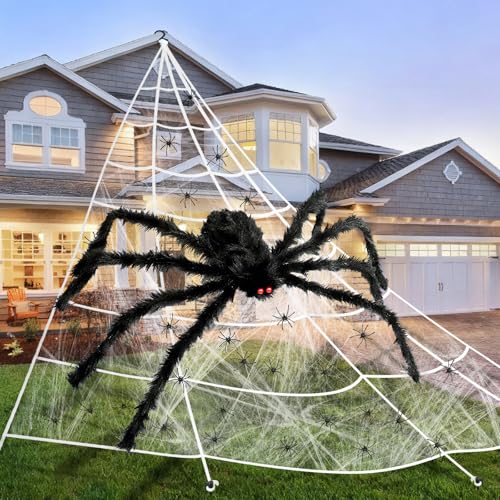 Halloween Decorations Outdoor Spider Web - 59'' Giant Spider+200'' Triangular Giant Spider Web+40g Cobweb & 50pcs Fake Spiders Props for Indoor Outdoor Yard Scary Haunted House Party