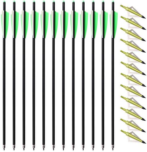 TOPARCHERY 12pcs 20inch Carbon Crossbow Arrows Crossbow Bolts with 4inch Vanes and 12pcs 3 Blades Archery Broadheads 100 Grain Screw-in Arrow Heads Arrow Tips (Arrows with Green Tips)