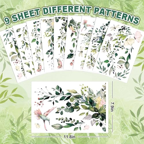 Whaline 9 Sheets Spring Summer Flower Window Cling Watercolor Eucalyptus Flower Window Stickers Hanging Vine Floral Leaf Reusable Static Glass Decals for Wedding Party Home Decor Supplies