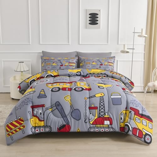 Decoreagy Kids Queen Comforter Set 5 Piece Bed in a Bag,Soft Grey Full Bedding Sets for Girls Boys,Lightweight Monster Truck Pattern Comforter with Sheet Sets,All Season Bed Set(Grey,88”x88”)