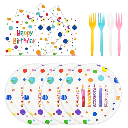 72PCS Happy Birthday Paper Plates and Napkins Decorations, 7inch Colorful Dots Cake Dessert Plates with Forks Disposable Dinnerware Tableware Set for Birthday's Party Supplies (Birthday Candle)