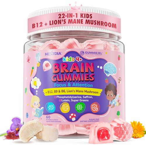 Kids Brain Gummies Focus Supplement w/Lions Mane Mushroom Phosphatidylserine B6 Methyl B12 & B9 Saffron Brain Vitamins for Focus & Attention Cognitive Vision Energy Sugar Free Vegan 60 Ct