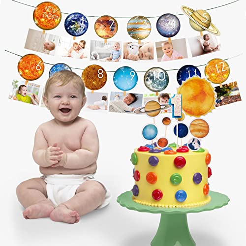 Baby First Birthday Banner Outer Space Themed Happy Birthday Space Baby Photo Banner Space Themed Party Decorations for Boys Solar System Planet First Birthday Celebration Decoration