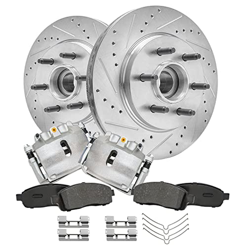 Image of Detroit Axle - RWD Front Brake Kit for 2004 2005 Ford F-150 Drilled Slotted | Brake Rotors Ceramic Calipers w /Bracket Ceramic Brake Pads Replacement 6 Lug Models with 12.99 inch inch Front Rotor