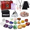 23PCS Natural Crystals and Healing Stones Set, 7 Raw Chakra Stones,10pcs Tumbled Stones, Pink Pillar Crystal Necklaces & Pendulum, White Pyramid & Pillar, 50g Stones Assorted, Wooden Box