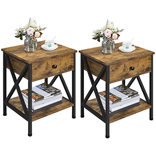 Yaheetech 2pcs Mesitas de Noche Mesa Auxiliar con Estante Mesa de Noche de Estilo Industrial para Salon Dormitorio Marrón Rústico 45x40x55,5cm
