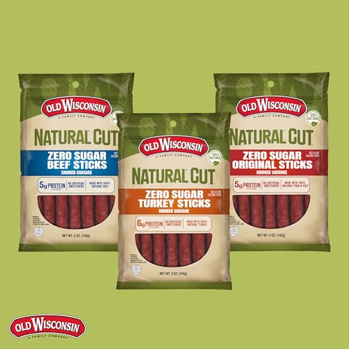 Image of Old Wisconsin Natural Cut Original Sausage Snack Sticks, Zero Sugar, Naturally Smoked,Ready to Eat,High Protein,Low Carb,Keto,Gluten Free,No Artificial Preservatives or Nitrates, 5 Ounce (Pack of 10)