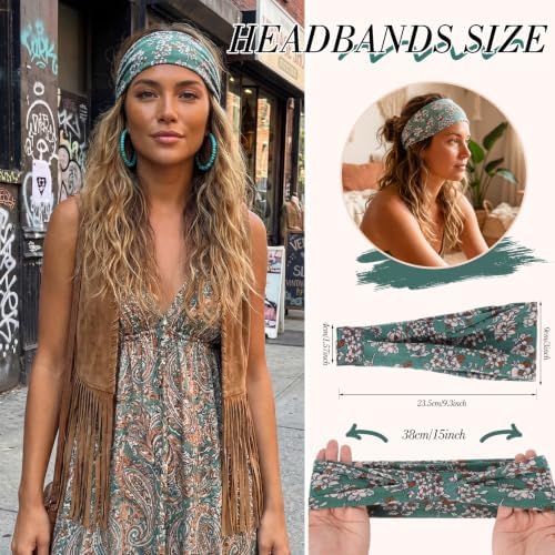 6Pack Boho Wide Headbands for Women, Non-Slip Stretch Hair Wraps - 1