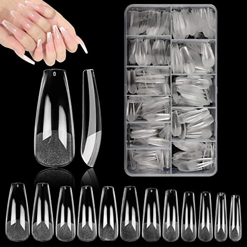 600PCS Medium Long Coffin Nails Tips, Clear Coffin Ballerina Nail Tips for Acrylic Nails Professional, Full Cover Matte Acrylic Fake Nails, False Nails for Nail Extension DIY Nail Art Salon 12 Sizes
