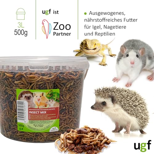 UGF - Insektenmischung - 500g im 3 Liter Eimer, Igelfutter, Rennmausfutter, Hamsterfutter, Rattenfutter, Eidechsenfutter - Mehlwürmer, Soldatenfliegenlarven, Seidenraupen