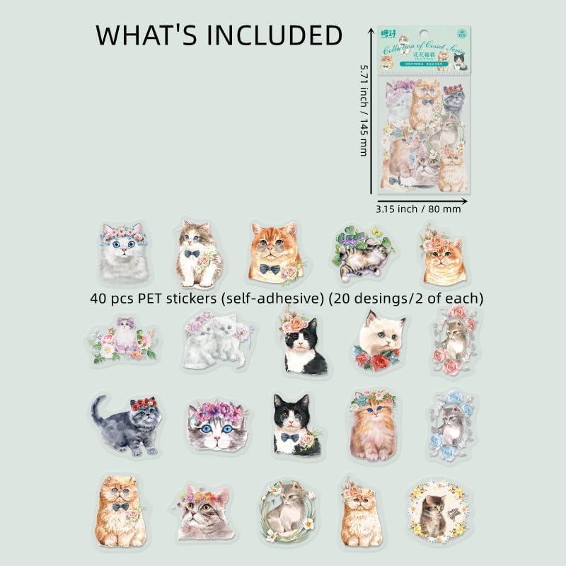 Miniatura 2 de Pegatinas de PET para álbum de recortes, kit de papel estético de gato, planificador de diario de bala basura, suministros decorativos de 40