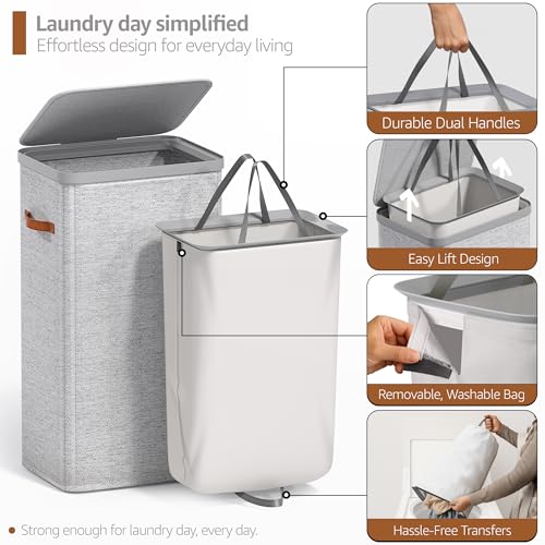 Sorbus Laundry Hamper with Lid - Collapsible Fabric Laundry Basket with Handles and Removable Laundry Bag – 26.5 Gallon (100 L) Dirty Clothes Hamper for Bedroom, bathroom and dorm (Gray) - image 5