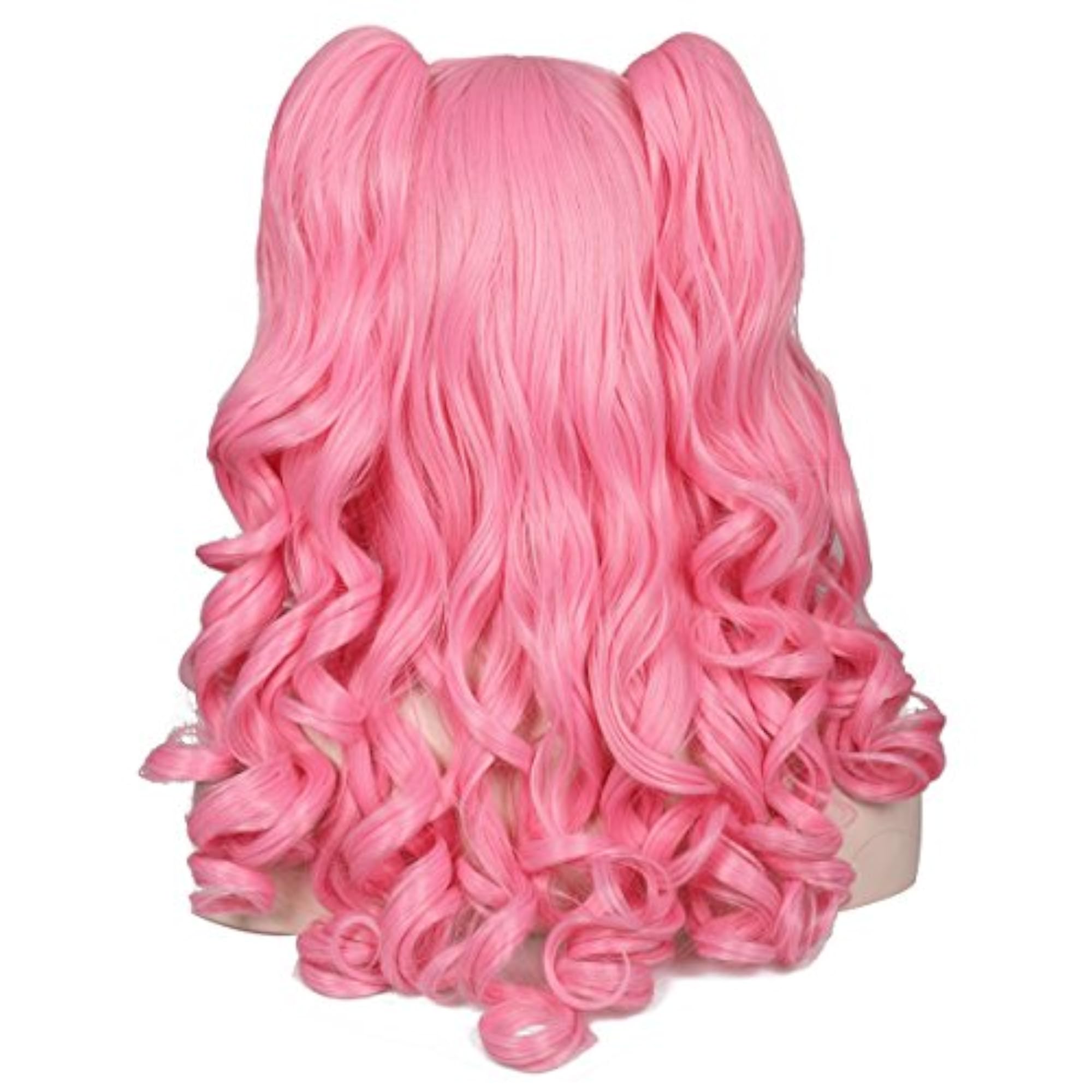 Long Curly Cosplay Wig with 2 Ponytails, Pink