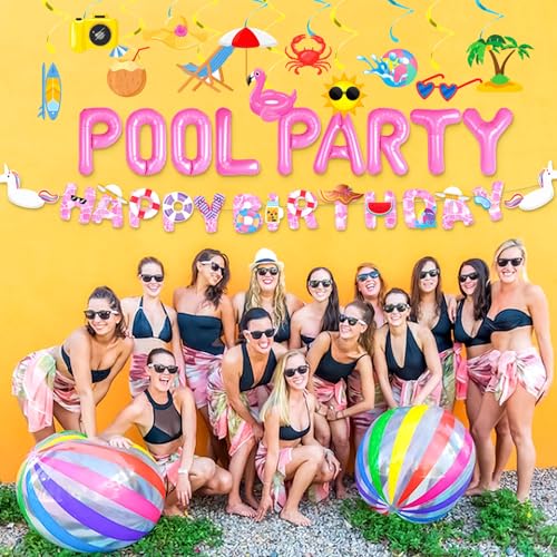Image of Pink Pool Party Birthday Decorations, Summer Tropical Flamingo Hanging Swirl Streamers, Pool Party Foil Balloon Banner, Teen Girls Bachelorette Swimming Pool Happy Birthday Party Supplies