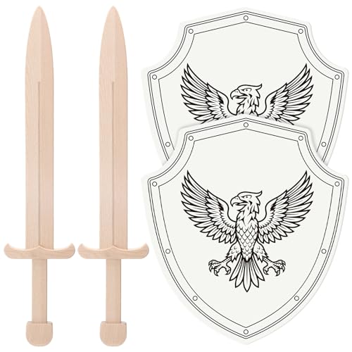 Teyva Daily 2 Pack Wooden Shield and Sword Set Medieval Knight Role Play Props with 11 x 13 Eagle Knight Shield and 23 Wooden Swords for Rustic Renaissance Faire Costume Cosplay Outdoor Party