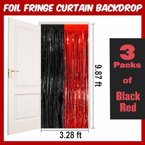 Image of 3 Pack Black and Red Foil Fringe Curtains Backdrop, 3.28 x 9.8 Ft Metallic Streamers Tinsel Curtains Background for Photo Booth, Birthday, Halloween, Christmas, New Year Party Decorations