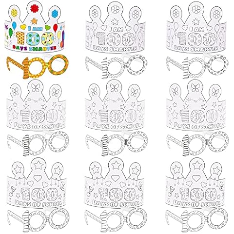 gisgfim 36 100th Day of School Craft Crowns with Glasses, Kids Coloring Paper Hats Glasses for Celebration 100 Days Activities Gifts Classroom Decorations Party Supplies Favors Cover