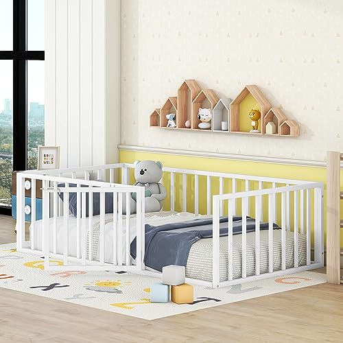 Image of Twin Size Floor Bed for Kids, Montessori Beds with Rails and Door, Metal Playhouse Bed Frame with Fence for Boys Girls, White