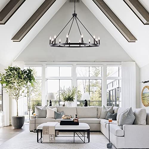 ZJVAIVE 12-Light Black Wagon Wheel Chandelier 38" Industrial Hanging Light Fixture for Dining Room Modern Farmhouse Chandelier for Living Room Foyer Hallway Kitchen Island Entryway, E12 by ZJVAIVE - Used condition - Image 9