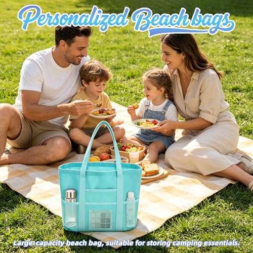 Bolso de playa personalizado con bordado de nombre | Bolso tote de malla grande para mujeres, ligero y plegable para viaje, playa, piscina y regalos de vacaciones de verano miniatura 7